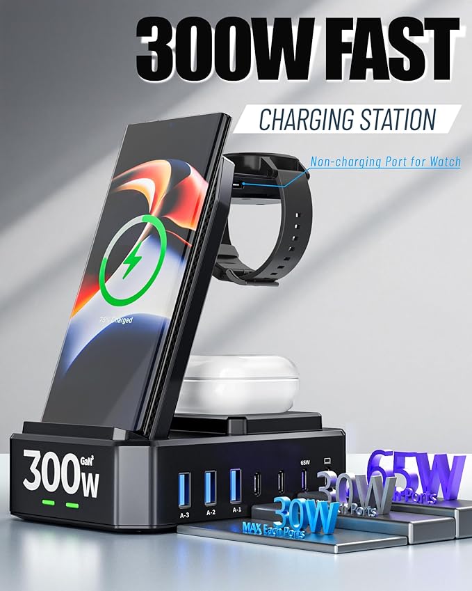 Wireless Charger for Samsung,300W 10 in 1 Wireless Charging Station, 65W USB C Fast Charging Stand for Samsung S25 Ultra/S24/S23/S22/Note 20,Galaxy Watch Ultra7/6/5,Galaxy Buds(Not for Apple Watch)