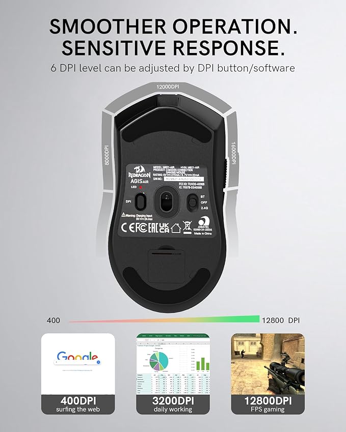 Redragon Wireless Gaming Mouse, 54G Lightweight, Tri-Mode 2.4G/USB C Wired/Bluetooth, Black PC Gaming Mice for Computer Laptop Mac Windows, Max 128000 DPI, 1K Polling, 6 Programmable Buttons, M821