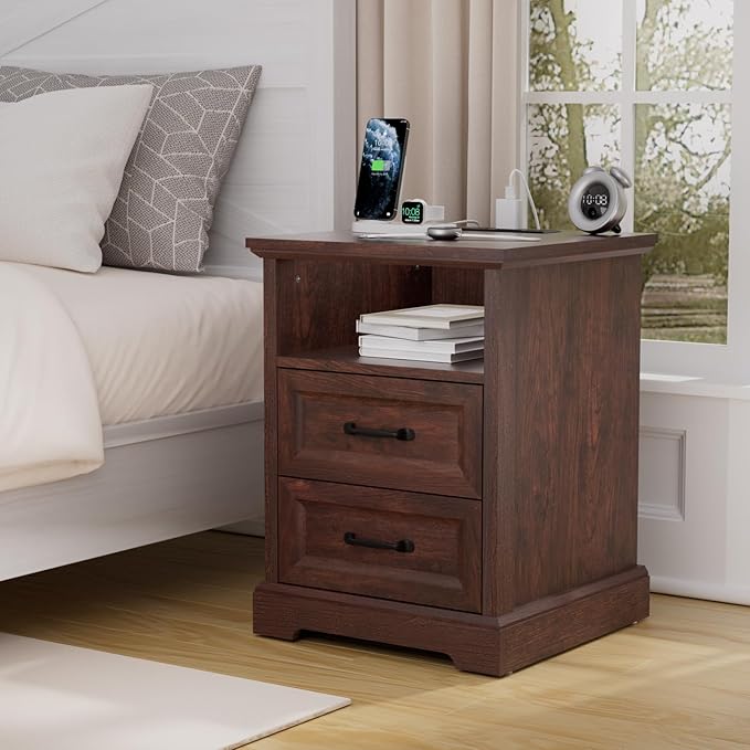 HOMMPA 18'' Farmhouse Nightstand with Charging Station, Bedside Tables with Storage, Bed Side End Table with Open Shelf, 2 Drawers Wood Night Stand Dresser for Bedroom, Living Room, Maroon Brown