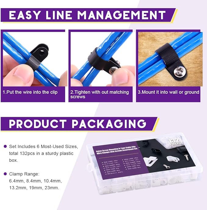 Swpeet 135 Pack 6 Sizes White+Black Nylon Plastic R-Type Cable Clips Clamp Assortment Kit, 3/16" 1/4" 3/8" 1/2" 3/4" 1" Nylon Screw Mounting Cord Fastener Clips with 135Pcs Screws for Wire Management