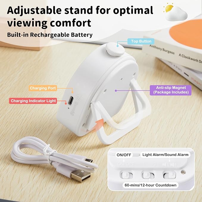 Visual Timer for Kids – 60min/12h Rainbow Magnetic Timer for Classroom, Rechargeable Silent Countdown Timer with Pomodoro Mode, ADHD Time Management Tool