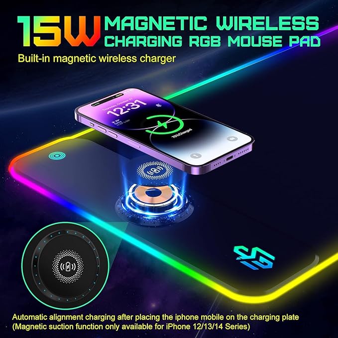 GIM RGB Gaming Mouse Pad with 15W Wireless Charging, LED Mouse Pad with 10 Light Modes, Extra Large Mousepad 800x300x4MM, Non-Slip Rubber Base Computer Keyboard Mat for Gaming, Desk (Black)