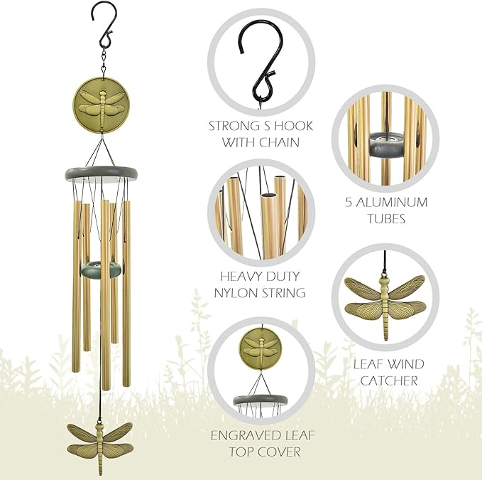 Dragonfly Wind Chimes for Outside,32" Windchimes Outdoors Dragonfly Gift for Women/Mother/Father/Christmas/Grandma,Birthday Gifts,Backyard Patio Yard Decoration Garden Decor(Bronze)