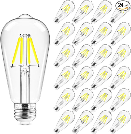 Hizashi Edison Bulbs Dimmable, Vintage LED Bulb, 4W Equivalent 40W, 5000k Daylight, E26 Base Led Light Bulbs, 450LM, High CRI 95+ Eye Protection, Clear Glass, Pack of 24