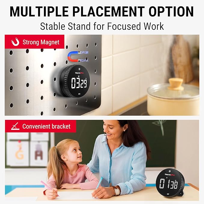 ThermoPro 99-Hour Digital Kitchen Timer with Strong Magnetic & Stable Stand, Classroom Timers with 3-Volume-Level, Stopwatch with Large LED Display, Digital Timers for Classroom, Office & Gym(Black)
