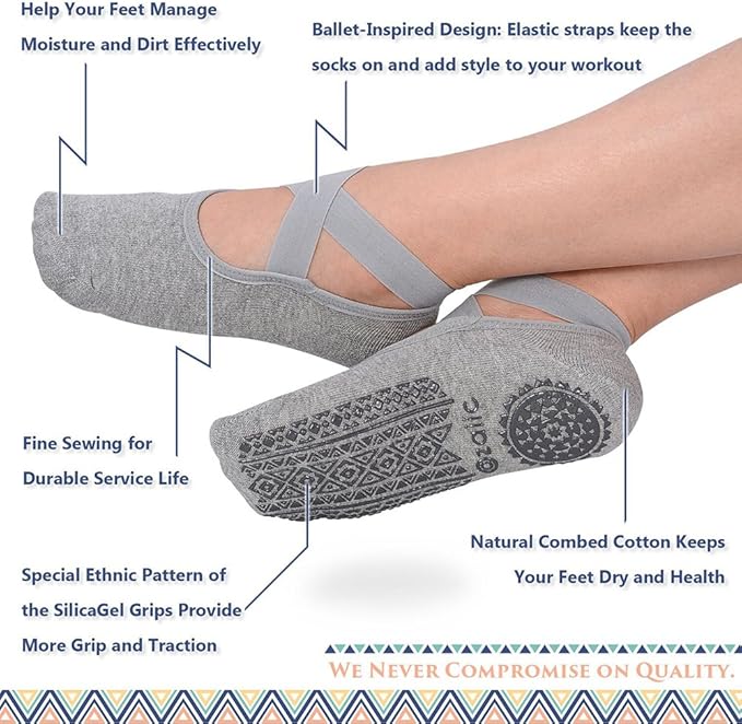 Ozaiic Yoga Socks for Women Non-Slip Grips & Straps, Ideal for Pilates, Pure Barre, Ballet, Dance, Barefoot Workout