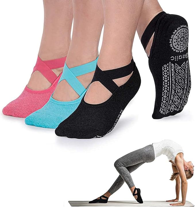 Ozaiic Yoga Socks for Women Non-Slip Grips & Straps, Ideal for Pilates, Pure Barre, Ballet, Dance, Barefoot Workout