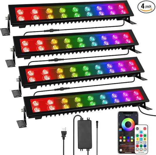 LED Stage Wash Light Bar - 4Pack 72W RGB DJ Light Bar IP66 Waterproof Dimmable Stage Lights Smart APP & Remote Control for Parties Events Building Garden Wall Display