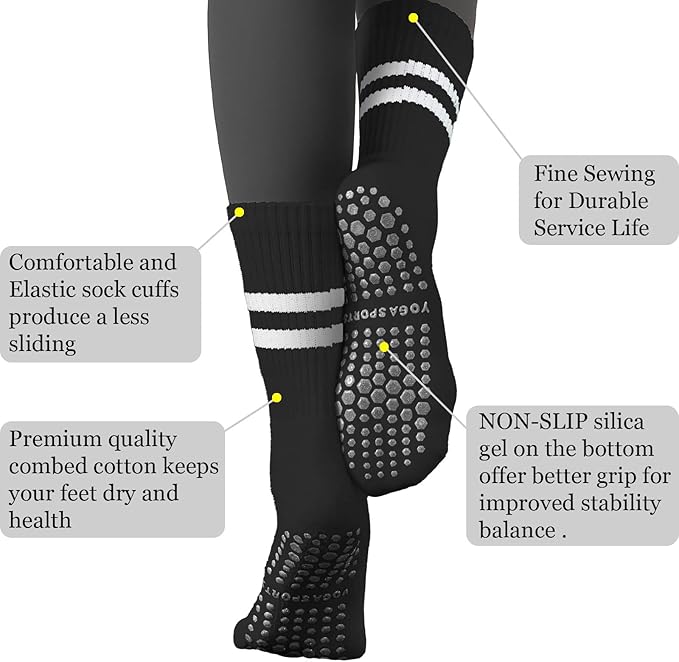 Flydo Pilates Grippy Socks with Grips for Women Yoga Non Slip Long Socks for Pure Barre, Ballet,Dance Workout 2-5 Pack