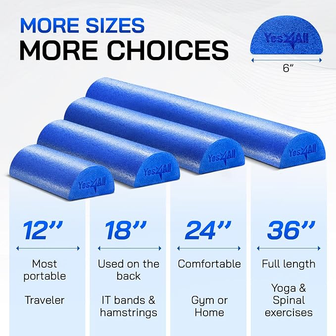 Yes4All Medium Firm Half Foam Rollers for Post-Workout Relaxation, 12/18/24/36 inch PE Foam Roll for Back Massage & Yoga Exercise