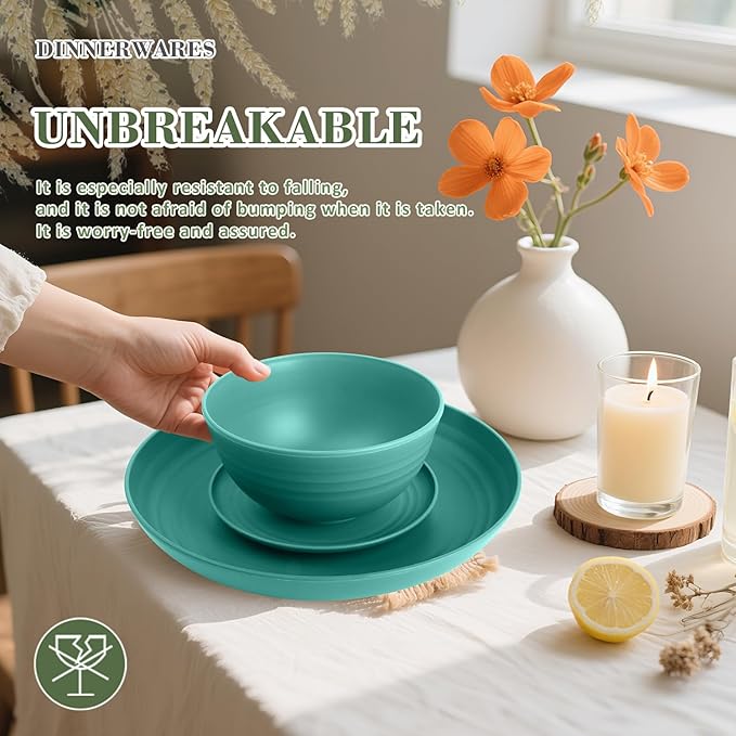 Wheat Straw Dinnerware Set of 32,Unbreakable Dinner Plates and Bowls Dishes Sets Service for 8,Dishwasher Safe Dinnerware Sets for Kitchen and Camping.Green