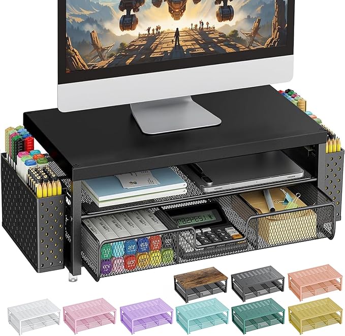 gianotter Wood Monitor Stand Riser, Office Desk Shelf Organizer, Desk Organizer with Drawer and Pen Holder, 2-Tier Computer Stand, Office Organization (Ink)