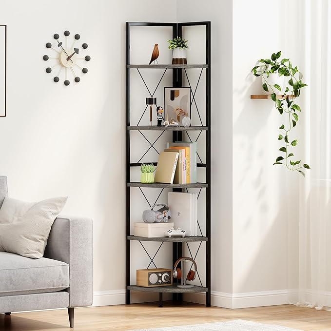 Giantex 5-Tier Corner Shelves Set of 2, 63" Tall Corner Bookshelf, Freestanding Storage Rack w/Metal Frame, Modern Plant Stand, Narrow Bookcase Display Shelf for Living Room, Bedroom, Oak