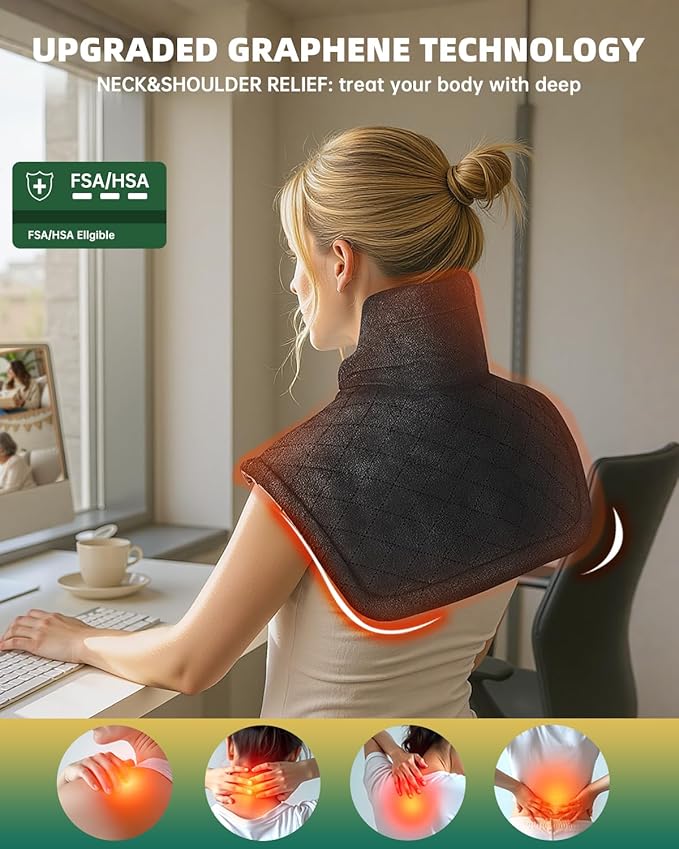 Graphene-Infused Heating Pad for Neck and Shoulders and Back Pain Relief,Upgraded Weighted 3X Deeper Heat Therapy Wrap with 6 Temperature Settings & 4 Auto-Off Timers,Large Heated Wrap, 23"x19"