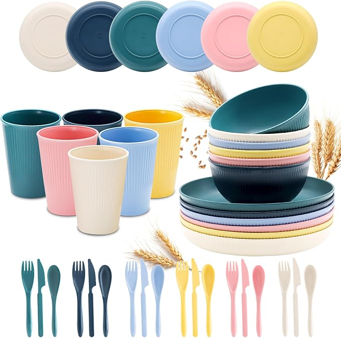 36pcs Wheat Straw Dinnerware Sets, Unbreakable Reusable Kitchen Cups Plates and Bowls Sets, Dishwasher and Microwave Safe Kitchenware Dishes Set for Home, Office, Travel,Picnic (Colorful 1)