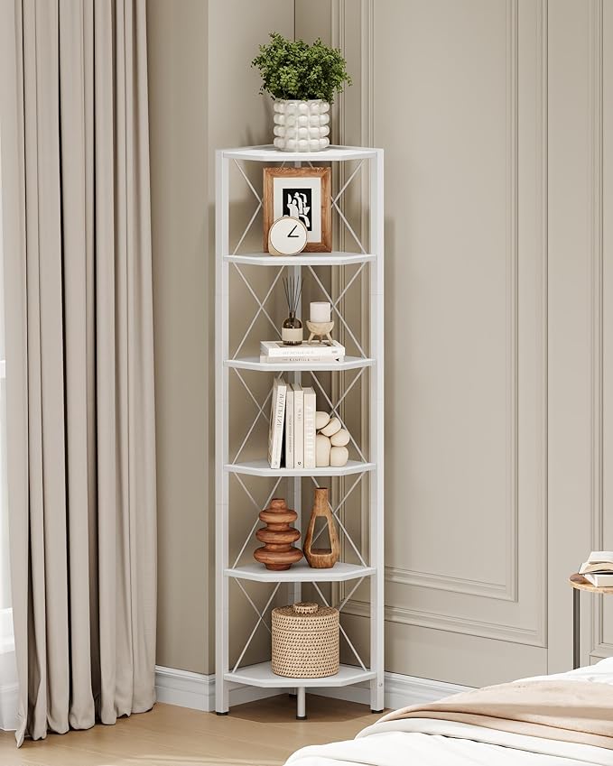 6-Tier Corner Shelf, Corner Bookcase, 66.9" Tall Vertical Display Rack, Plant Stand, Open Storage Shelf, for Living Room, Bedroom, Study, Kitchen, White TCJ13WB