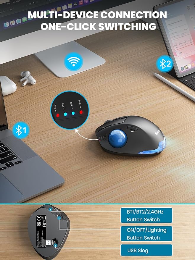 Wireless Trackball Mouse, Ergonomic Bluetooth Rechargeable Computer Mouse, Backlit Rollerball Thumb Laptop mice with 5 Level DPI, Adjustable Angle, 3 Devices Connection for PC, Windows - Blue Ball