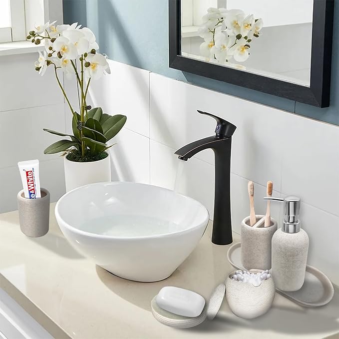 Bathroom Accessory Set, 6PCS Beige Bathroom Accessories - Soap Dish, Lotion Dispenser, Toothbrush Holder, Mouthwash Cup, Tray, Cotton Ball Jar, Aesthetic Decor Bathroom Sets