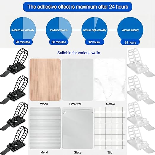 Cable Ties Cable Clips Wire Management Cord Clips Under,Desk Cable Management Reusable Zip Ties Wire Organizer Under Desk 50 packs (White)