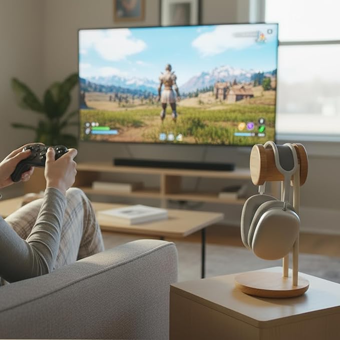 Fenge Headphone Stand for Desk, Nature Wood & Metal Headphone Holder with Storage Base, Desktop Headset Stand for Gaming Universal Headphones