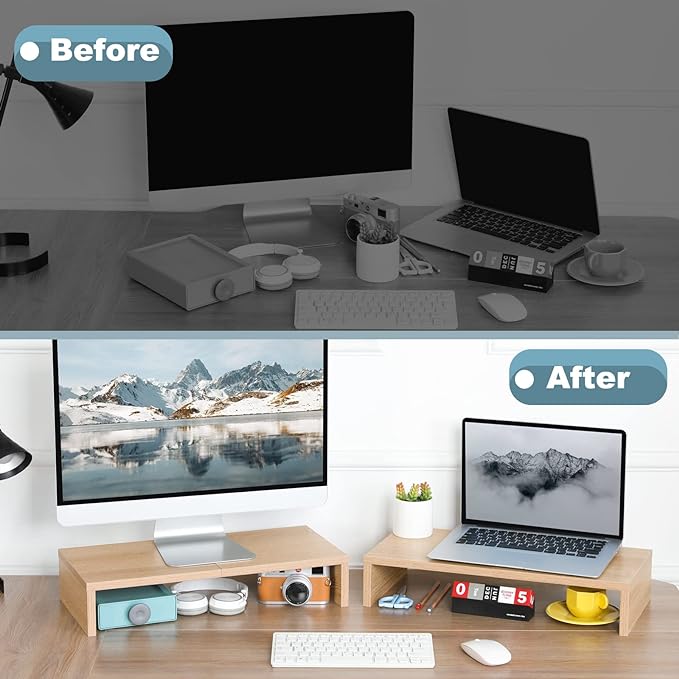 TEAMIX 2 Pack Monitor Stand Riser-20 inch, Wooden Desktop Riser for TV/PC/Laptop/Printer, Cozy Monitor Riser with Storage, Computer Stand Space-Saving