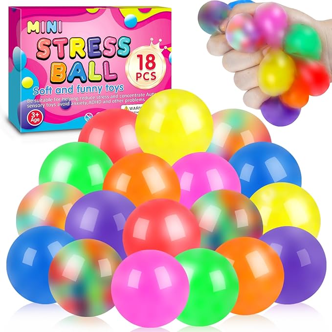 18 Pack Squishy Ball, Stress Balls Bulk for Adults, Mini Stress Balls, Anti-Anxiety and Fidget Balls to Relax， Birthday Gifts, Goodie