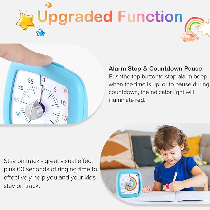 Secura 60-Minute Visual Timer, Silent Study Timer for Kids and Adults, Time Clocks, Time Management Countdown Timer for Teaching (Blue & Star)