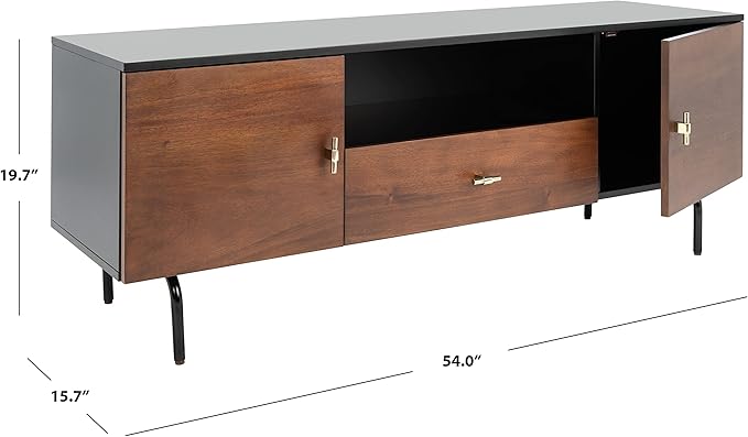 SAFAVIEH Genevieve TV Stand for up to 65" Flatscreen – Black & Walnut Brown Finish, Mid-Century Modern Storage Cabinet, Entertainment Media Console (MED5000F)