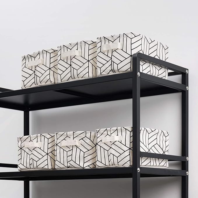 CROWNED 6 Pcs Storage Basket Foldable Cube Fabric Bins Square Mini Box Receive Organizer Rectangle Canvas with Handles for Home Office Books Small 11x8x6.3 inch White