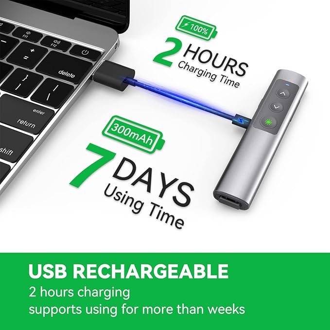 Metallic Presentation Clicker Presenter Remote - Rechargeable Wireless Presenter with Green Laser Pointer, 2 in 1 USB Clicker for PowerPoint & Google Slides, Compatible with MacBook/PC