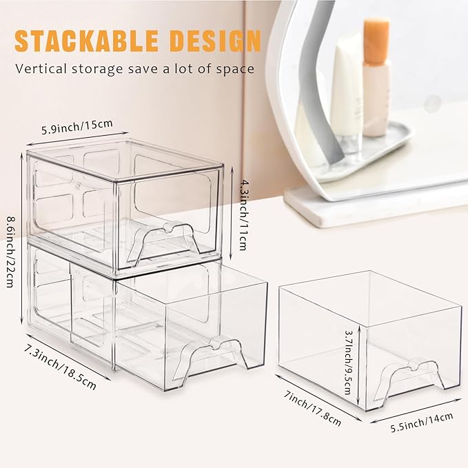 6 Pack Stackable Makeup Organizer, 4.4'' Tall Acrylic Bathroom Makeup Organizer and Storage Drawer with Pull-out Handle, Clear Plastic Storage Bins for Vanity,Pantry,Desk,Undersink,Kitchen