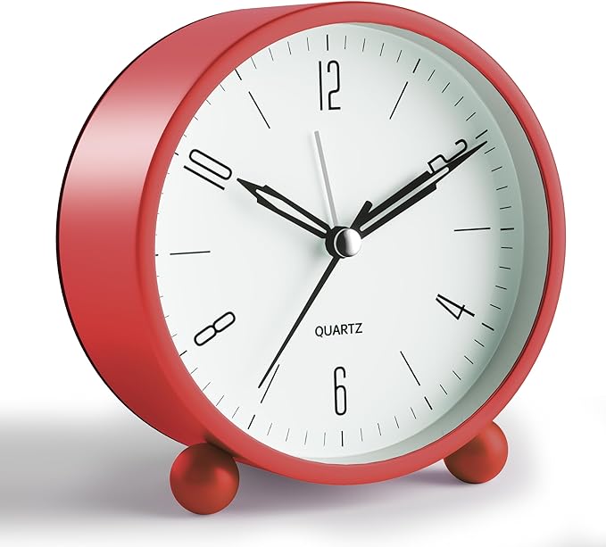 Analog Alarm Clock, 4 inch Super Silent Non Ticking Small Clock with Night Light, Battery Operated, Simple Design, Old Fashioned Style Wine-red Decor, for Bedroom, Bedside, Desk, Adult, Kid, Gift, Red