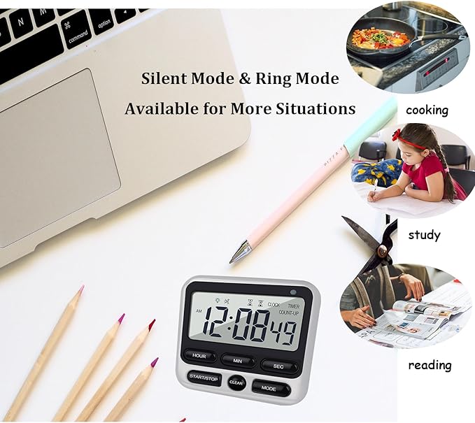 2-Pack Digital Dual Kitchen Timers with Magnet, 24-Hour Countdown & Stopwatch, Loud Alarm, 12/24H Clock, Calendar, Mute Mode, Visual Indicator, Batteries Included (Black)