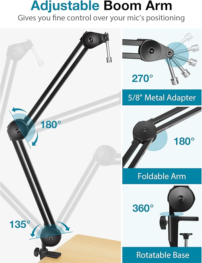InnoGear Microphone Arm Stand, Heavy Duty Mic Arm Microphone Stand Suspension Scissor Boom Stands with Mic Clip and Cable Ties for Blue Yeti Snowball Hyper X QuadCast SoloCast Fifine Gaming (Medium)