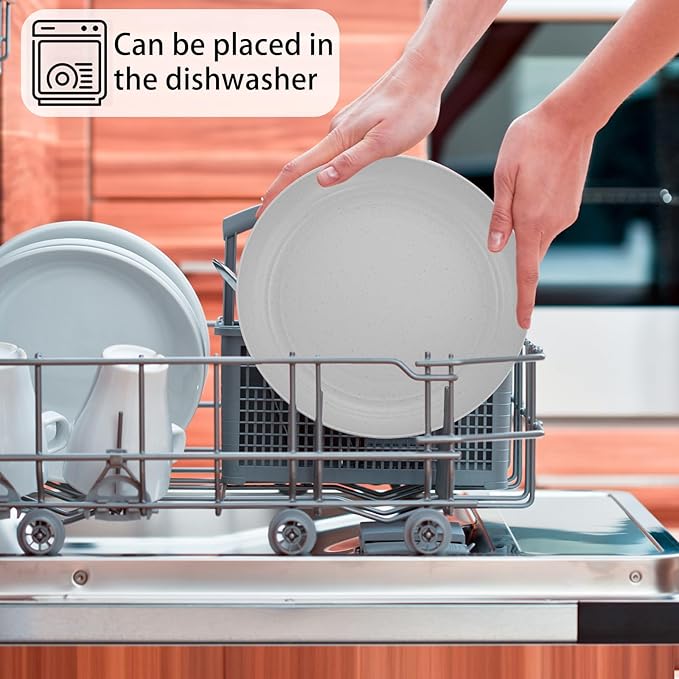 LIYH 48 Pcs Wheat Straw Dinnerware Set,Plates and Bowls Set,Camping Dish Set for 12, Plastic Dinnerware Set,Dishwasher Safe Dinnerware Set, Unbreakable Plates,Camping Dish Sets (Light Grey)