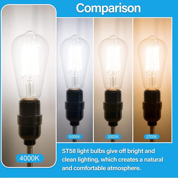 MAXvolador Vintage LED Edison Bulb 60W Equivalent 800LM, 6W ST58 Filament Light Bulbs, Neutral White 4000K, E26 Base, Non-Dimmable, Pack of 12