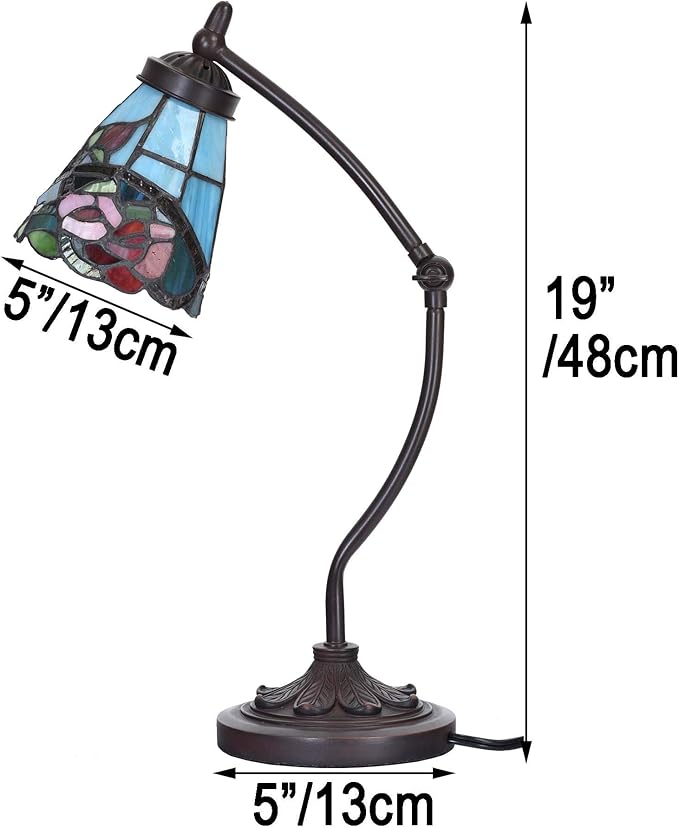 Bieye L10759 Tiffany Style Stained Glass Table Lamp Night Light with Swing Arm Base for Working Reading Home Decoration (Rose Flower)