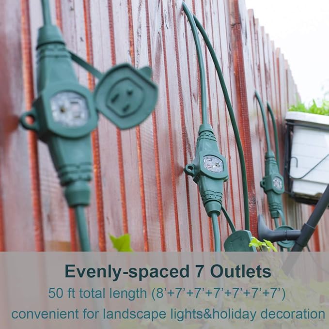 50FT 14 Gauge Outdoor Power Extension Cord,Seven Outlet Cable.Multiple Evenly-Spaced Plug Ideal for Landscaping Light,Stage Backlines,Holiday Decoration,Cord Splitter ETL Listed…