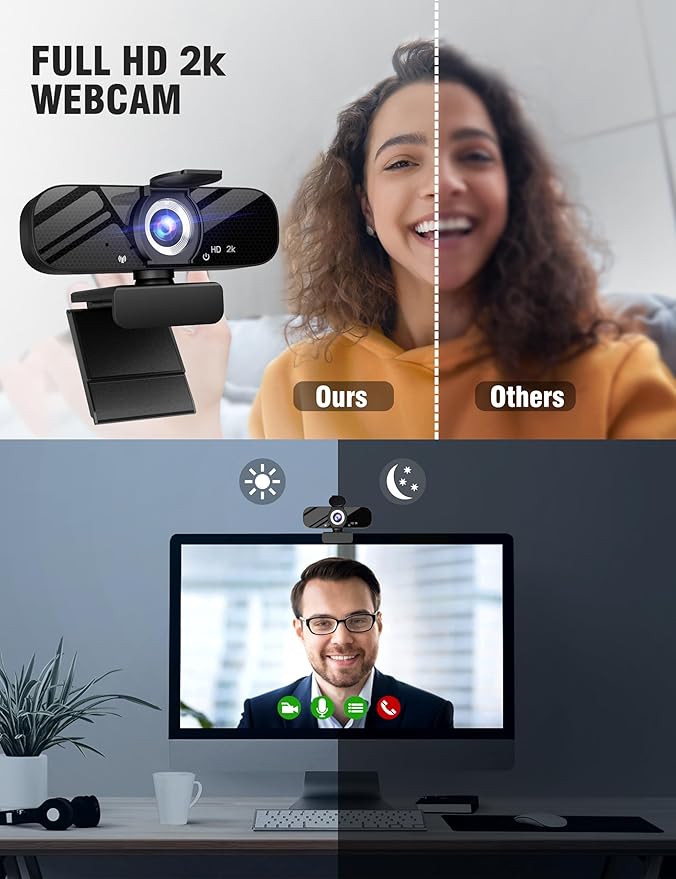 Full HD Webcam with Built-in Microphone and Rotatable Tripod, 2K Video and Wide Angle Camera, Privacy Cover, for Desktop PC or Laptop Computer