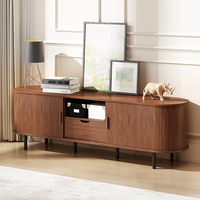 69" Mid-Century TV Stand with Power Outlet, Fluted Entertainment Center with Storage Drawer, TV Console with Sliding Door and Adjustable Shelves, TV Stand up to 80" for Living Room, Bedroom, Walnut