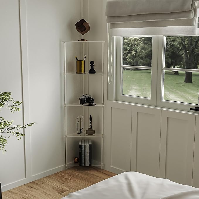 Elgaf Acrylic 5-Tier Corner Shelf Stand - 11.7'' W Corner Display Shelves Storage Shelf for Collectibles, Plants, Books, 11.7’’ D x 11.7'' W x 53.3'' H, Triangle, Clear