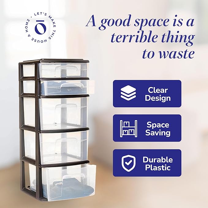 HOMZ 2-Pack Drawer Tower, 5-Tier Clear Plastic Storage Organizer Unit, Black Frame - Multi-Purpose Container Drawers for Bedroom, Bathroom, and Office Organization
