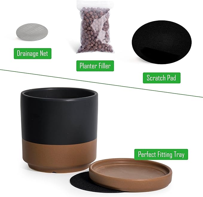 D'vine Dev 8 Inch & 10 Inch Ceramic Planter Pot for Plants with Drainage Hole and Saucer, Large Plant Pots Set, Black/Speckled Tan, 94-G-L-7