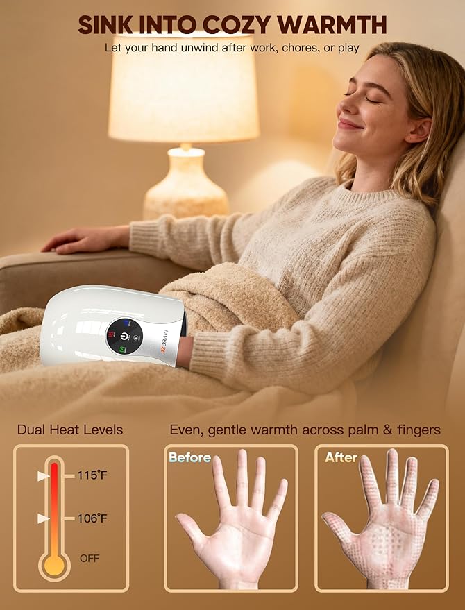 Hand Massager with Heat and Compression : Cordless Heated Full Hand Massager for Palm, Fingers, and Comfort Relief – 4 Modes 6 Intensities, Portable Rechargeable