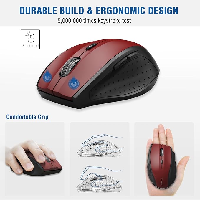 E-YOOSO Wireless Mouse for Laptop, Portable Optical Computer Mouse, 6 Buttons, Cordless 2.4GHz with USB Receiver, 5-Level 4800 DPI, 18 Months Battery Life, for PC, Chromebook, Windows, Mac(Red)