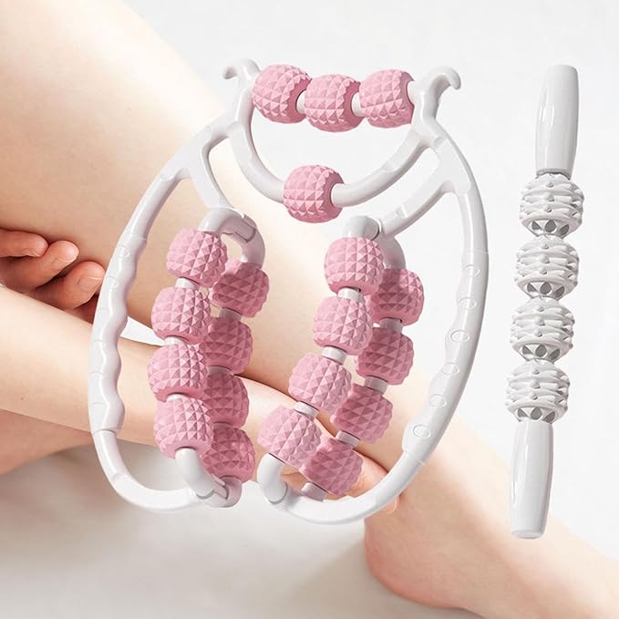 Colaxi 20 Wheels Massage Roller with Massage Stick Portable Multipurpose Flexible Handheld Roller for Back Shoulders Legs Thigh Arms, Pink