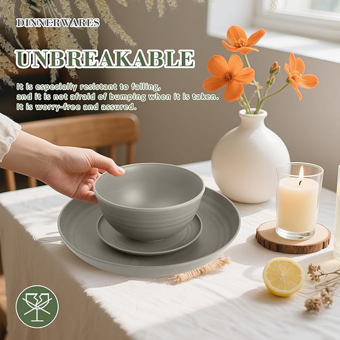 32-piece Kitchen Alternative Melamine Wheat Straw Dinnerware Sets,Unbreakbale Dishwasher Safe Kitchen Bowls and Plates Sets with Cups,Apartment Essential Dishes Set for 8.Grey Series