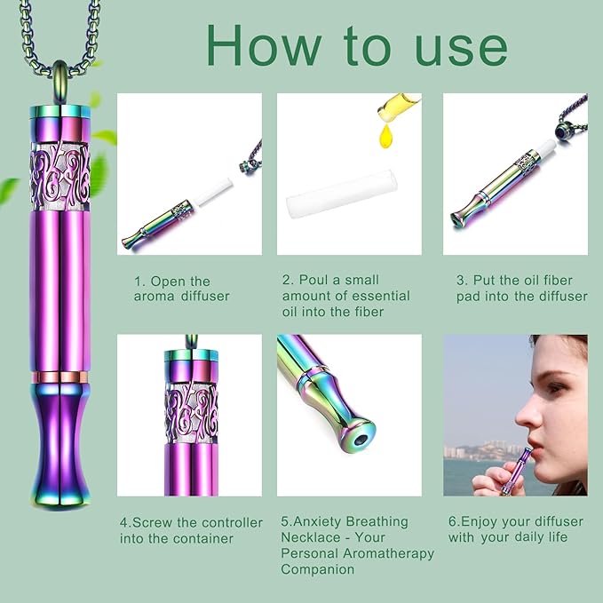 Anxiety Relief Pendant Mindfulness Breathing Necklace - Essential Oil Diffuser & Personal Inhaler Aromatherapy Necklaces for Women & Men (Rainbow)