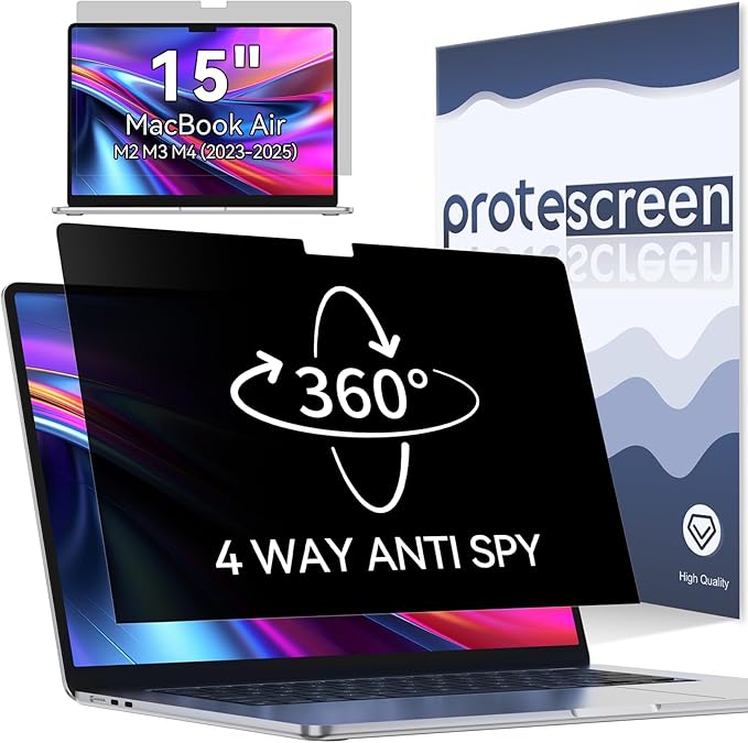360° Privacy Screen for MacBook Air 15 Inch (2023-2025, M2 M3 M4) - A2941 A3114 A3241, 4 Way Privacy Anti Glare Blue Light Filter Shield Film Anti Spy Laptop Protector for Mac 15.3In Computer