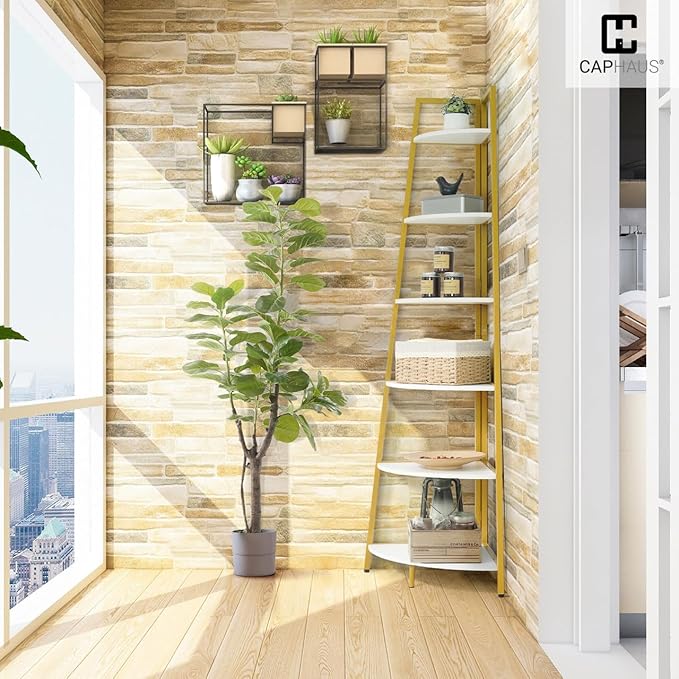 CAPHAUS Tall Corner Shelf Stand, 6-Tier Display Shelves, Ladder Corner Wood Storage Plant Bookshelf with Metal Frame, Versatile Shelving Unit Bookcase for Home Office Space, Gold